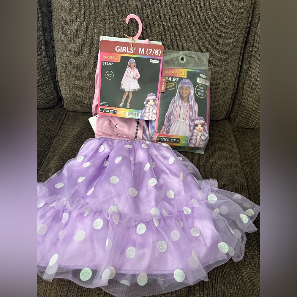 NEW Rainbow High Violet girls size M medium 7/8 Halloween costume dress and wig